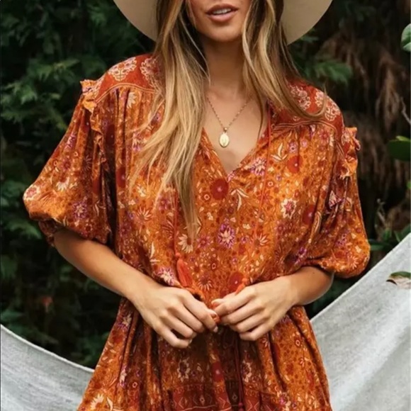 Orange Boho Floral Gypsy Print Dress Ruffle - Picture 5 of 5